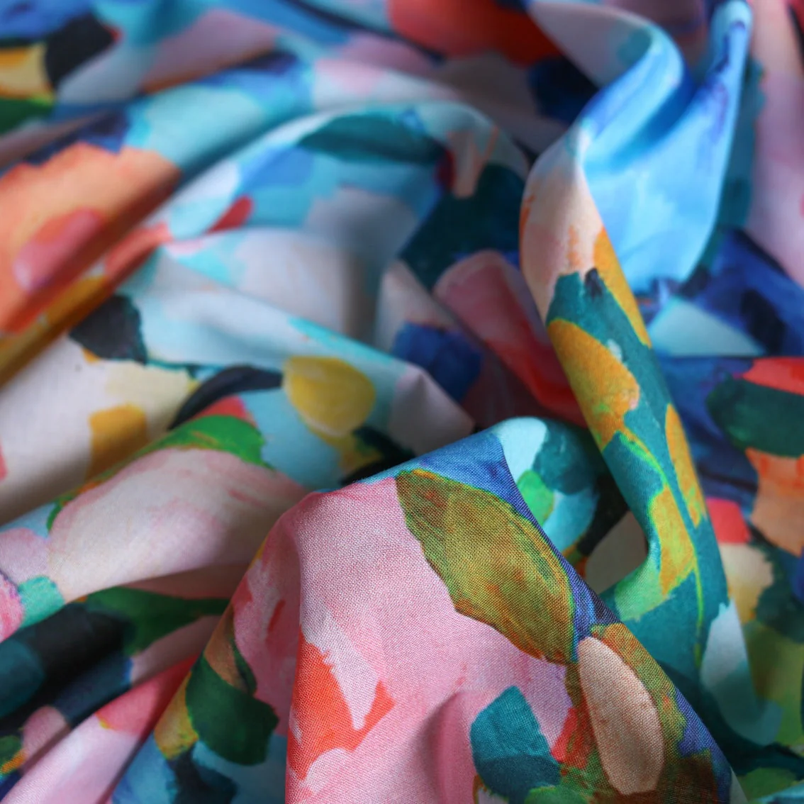 Aqua Brushstrokes Cotton Voile - Image 2