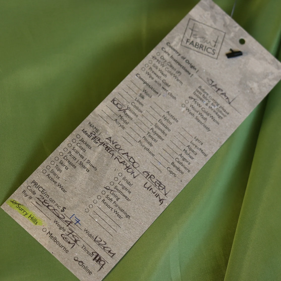 Avocado Green Rayon Lining (120cm wide) - Image 3