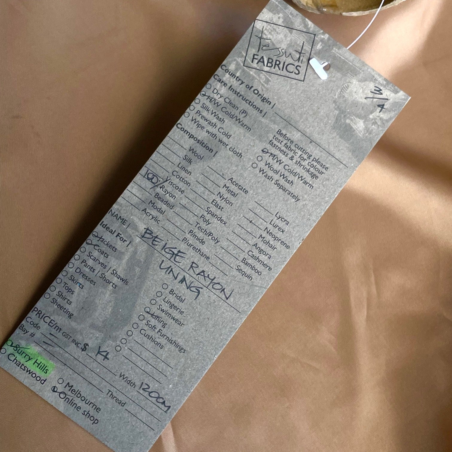 Beige Rayon Lining (120cm wide) - Image 3
