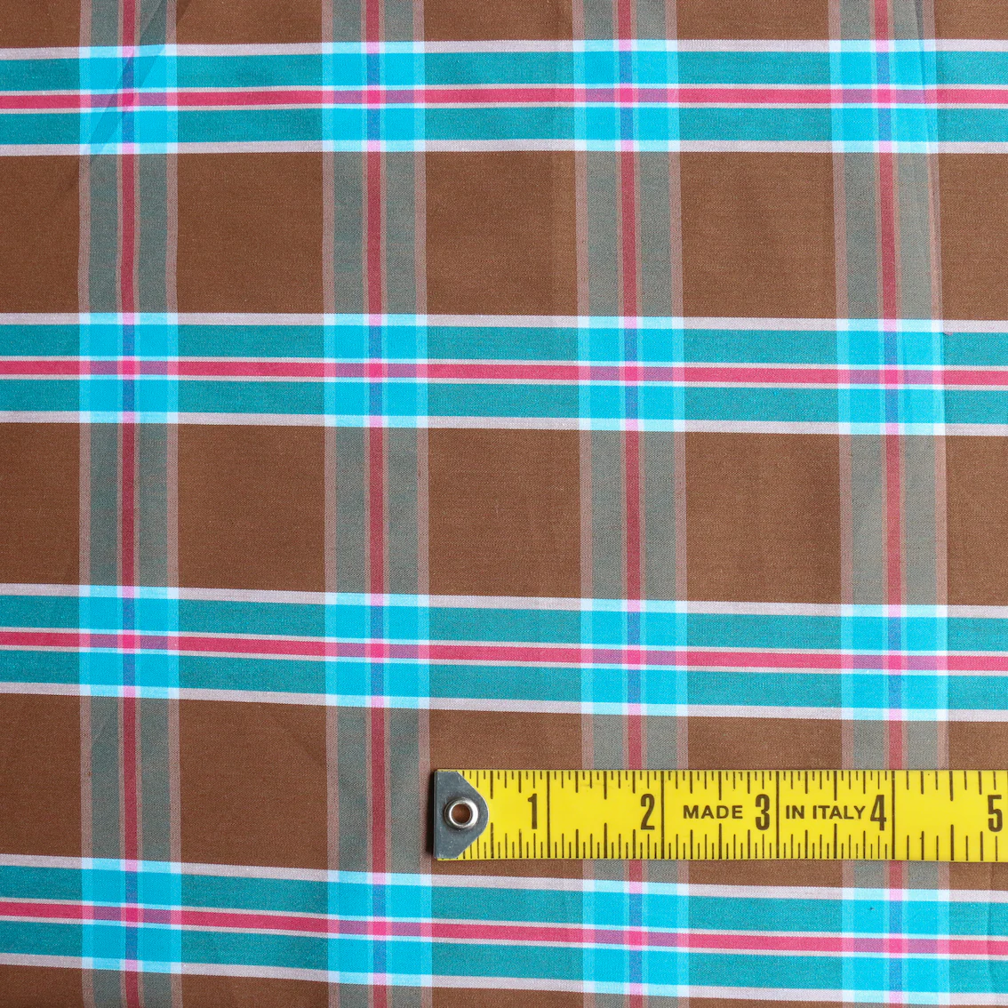 Ceasare Check Camel/Turquoise Stretch Cotton Shirting - Image 3