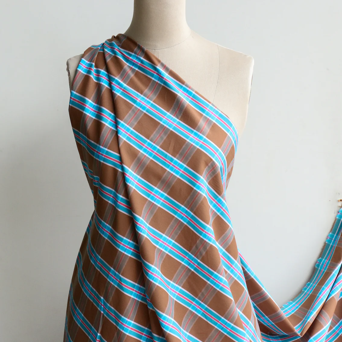 Ceasare Check Camel/Turquoise Stretch Cotton Shirting - Image 4