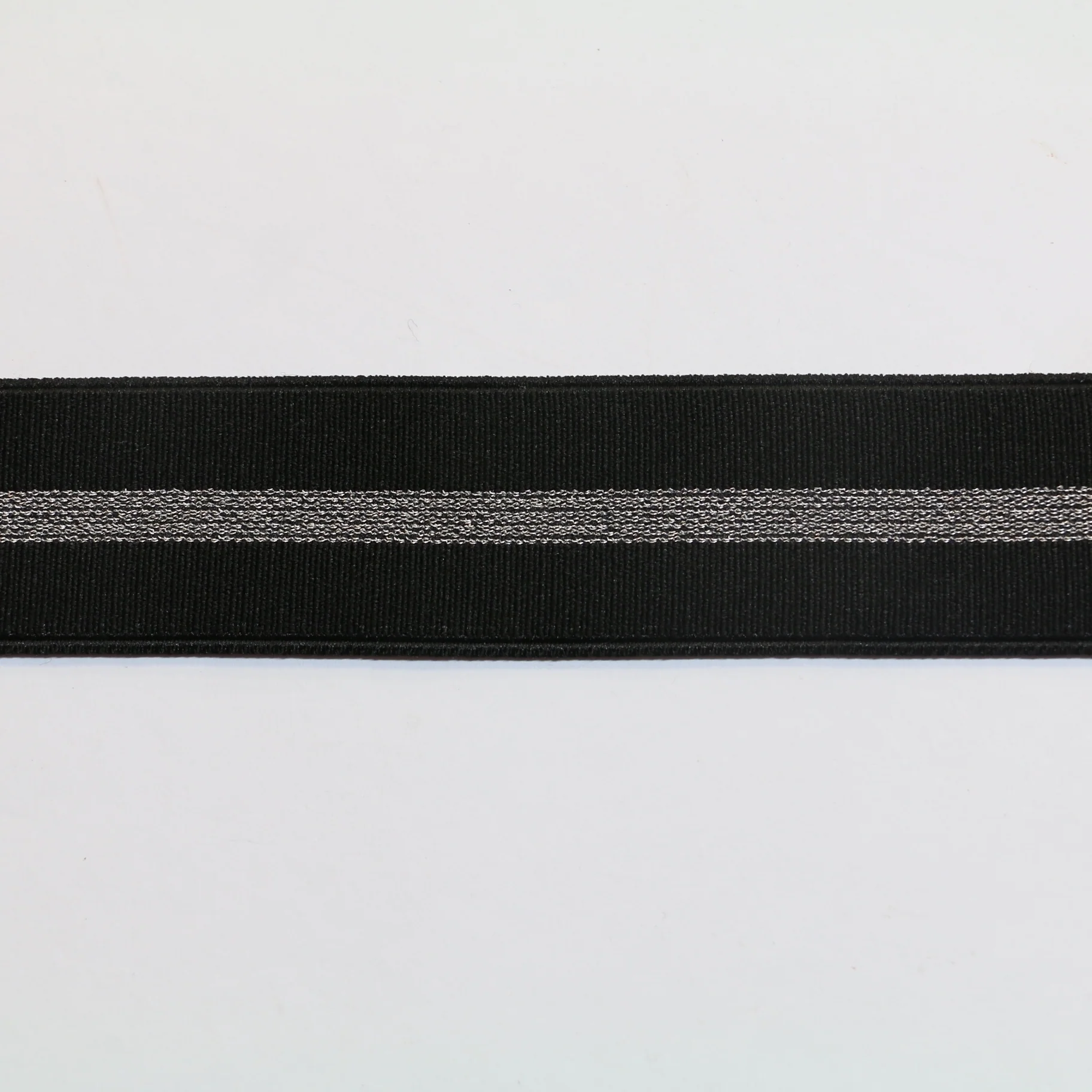 Fancy Soft Grosgrain Elastic (35mm/ 1 1/4") - Black/Metallic Silver Stripe - Image 2