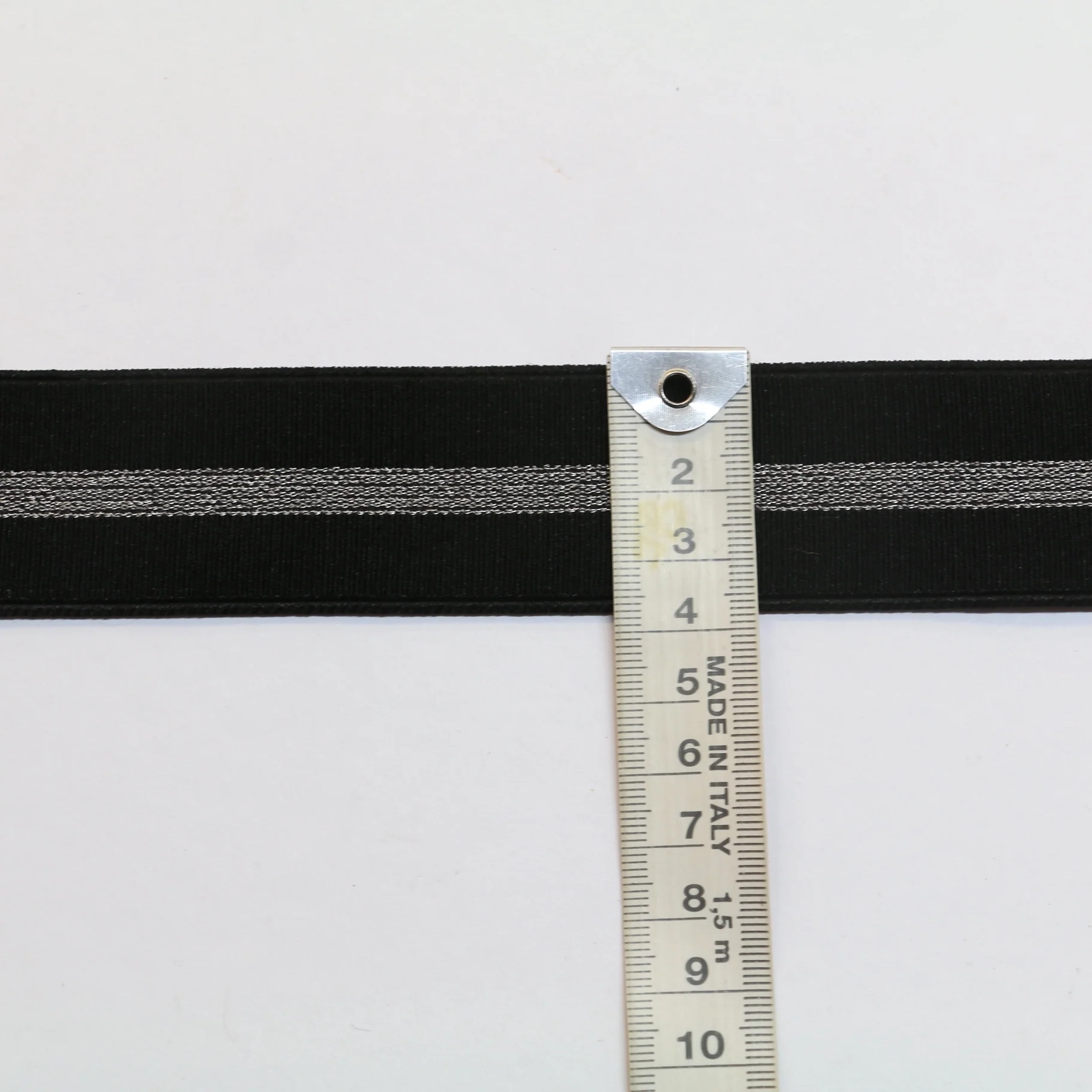 Fancy Soft Grosgrain Elastic (35mm/ 1 1/4") - Black/Metallic Silver Stripe - Image 3