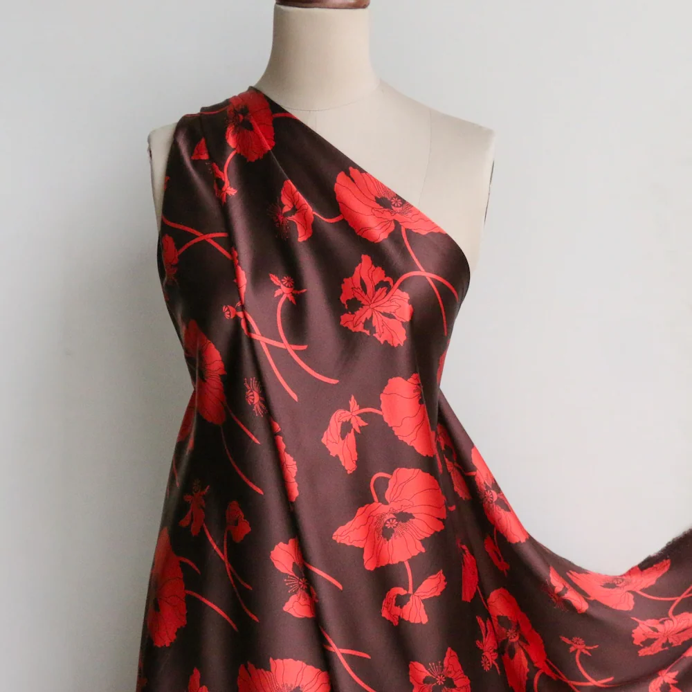 Fragile Blooms Choc/Red - Belgravia Silk Satin - Image 5
