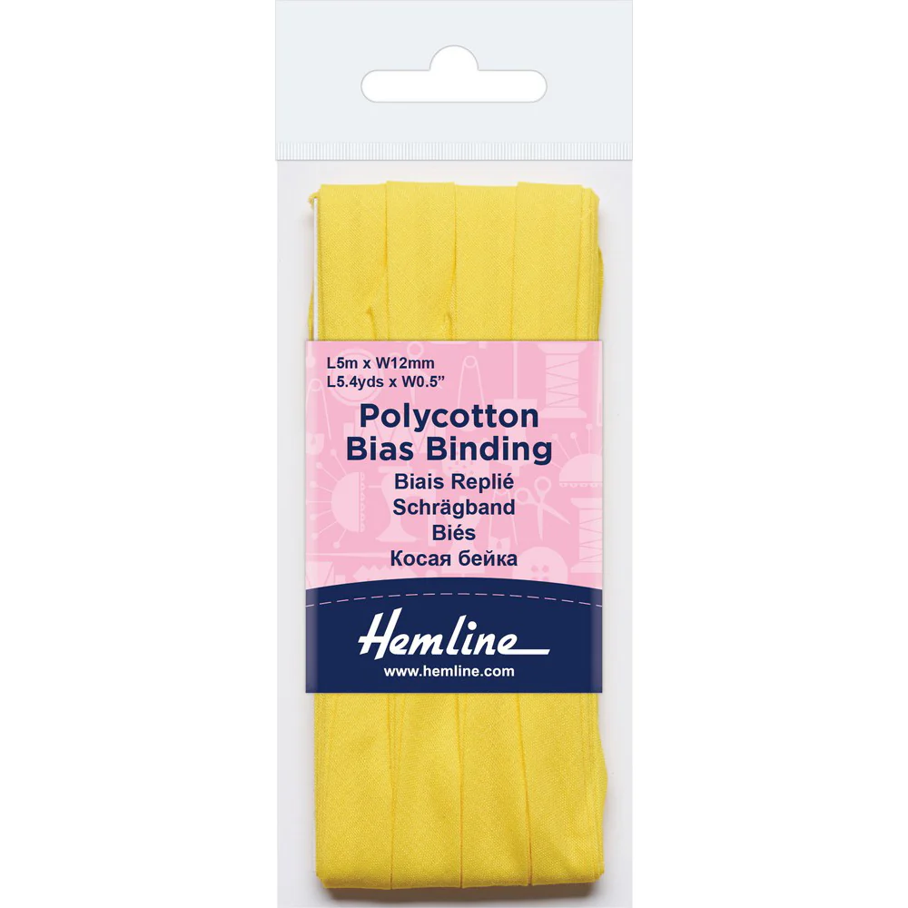Hemline Polycotton Bias Binding - Yellow 12MM X 5M