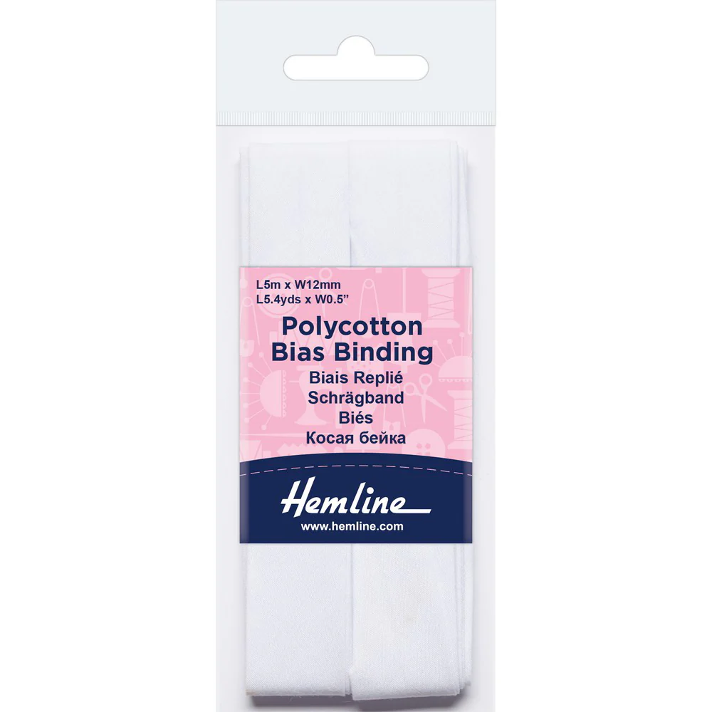 Hemline Polycotton Bias Binding - White 12MM X 5M