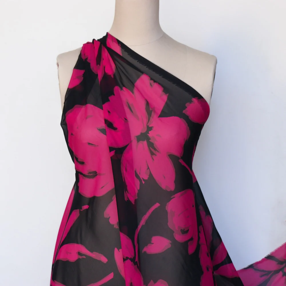 Magenta Floral Black/Fuchsia Silk Georgette - Image 5