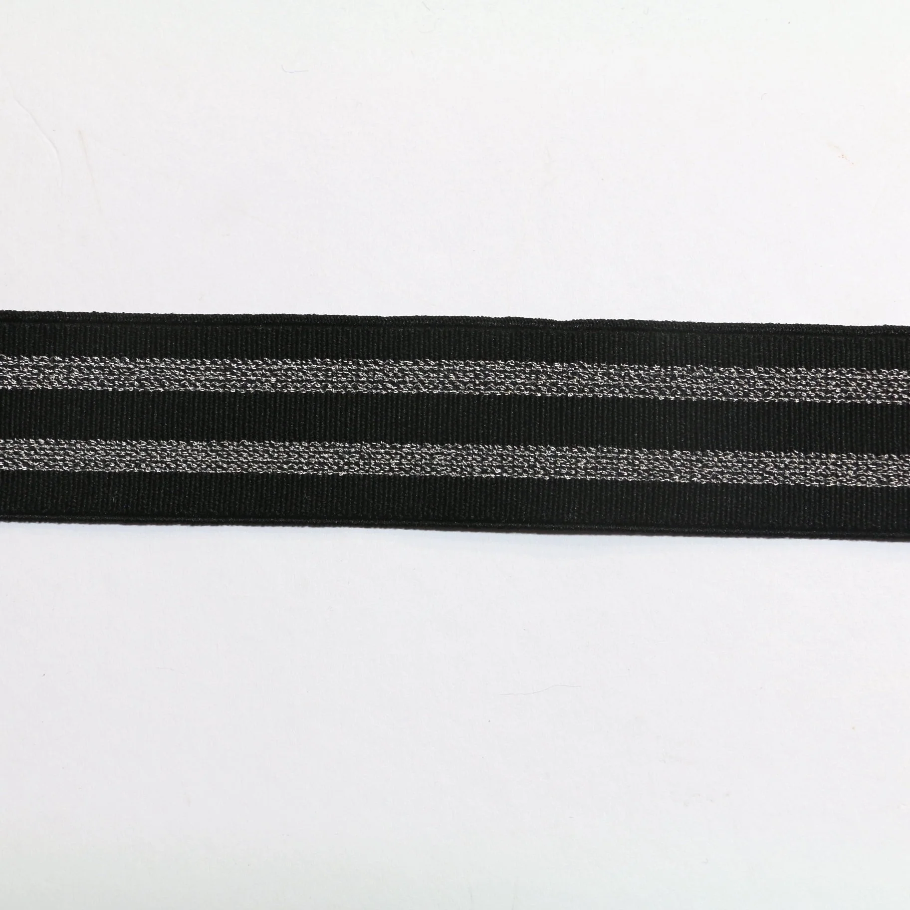 Metallic Fancy Elastic (35mm/ 1 1/4") - Black/Metallic Silver Stripes - Image 2