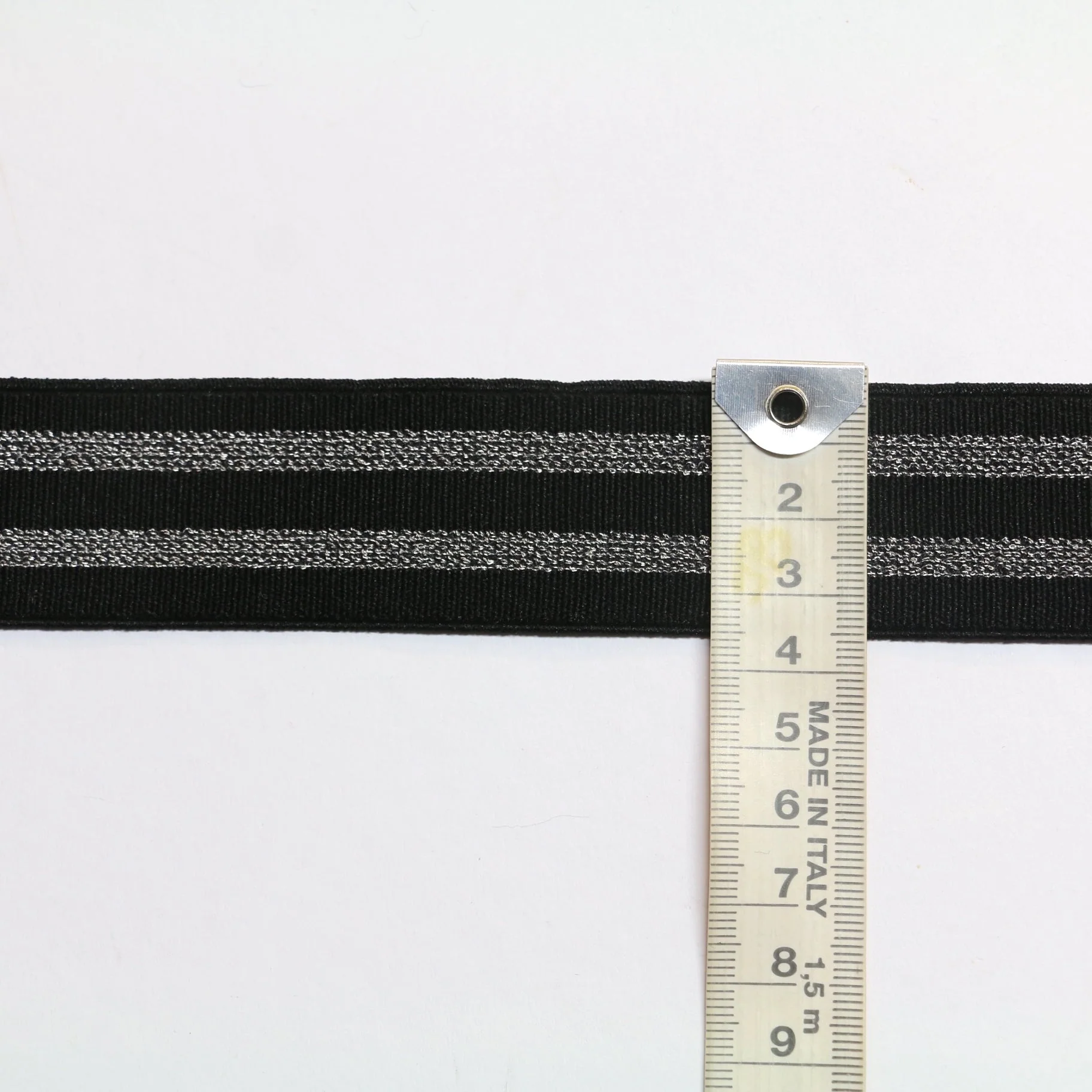 Metallic Fancy Elastic (35mm/ 1 1/4") - Black/Metallic Silver Stripes - Image 3