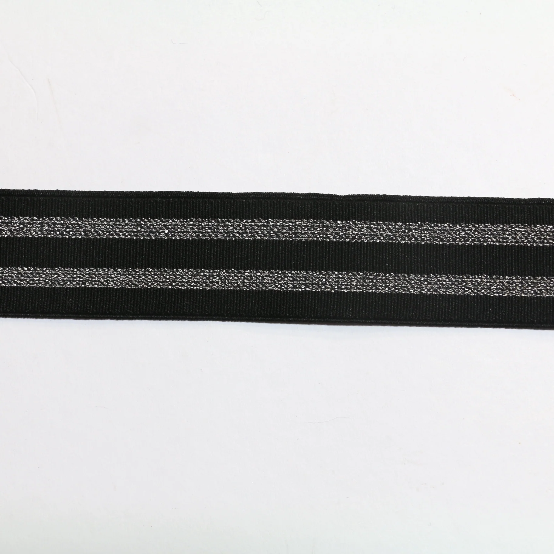 Metallic Fancy Elastic (35mm/ 1 1/4") - Black/Metallic Silver Stripes - Image 2