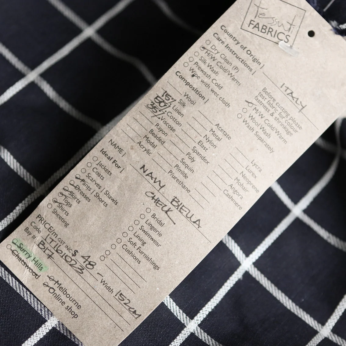 Navy Biella Check Cotton/Viscose/Linen - Image 4