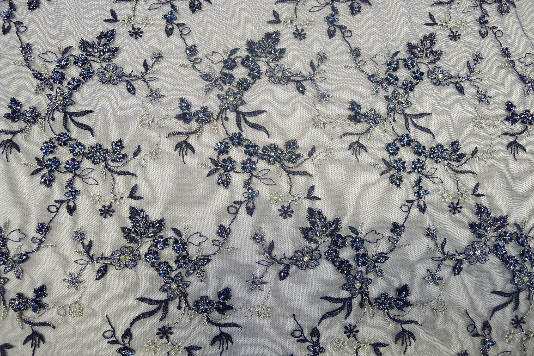 Navy Silver Embroidered Tulle