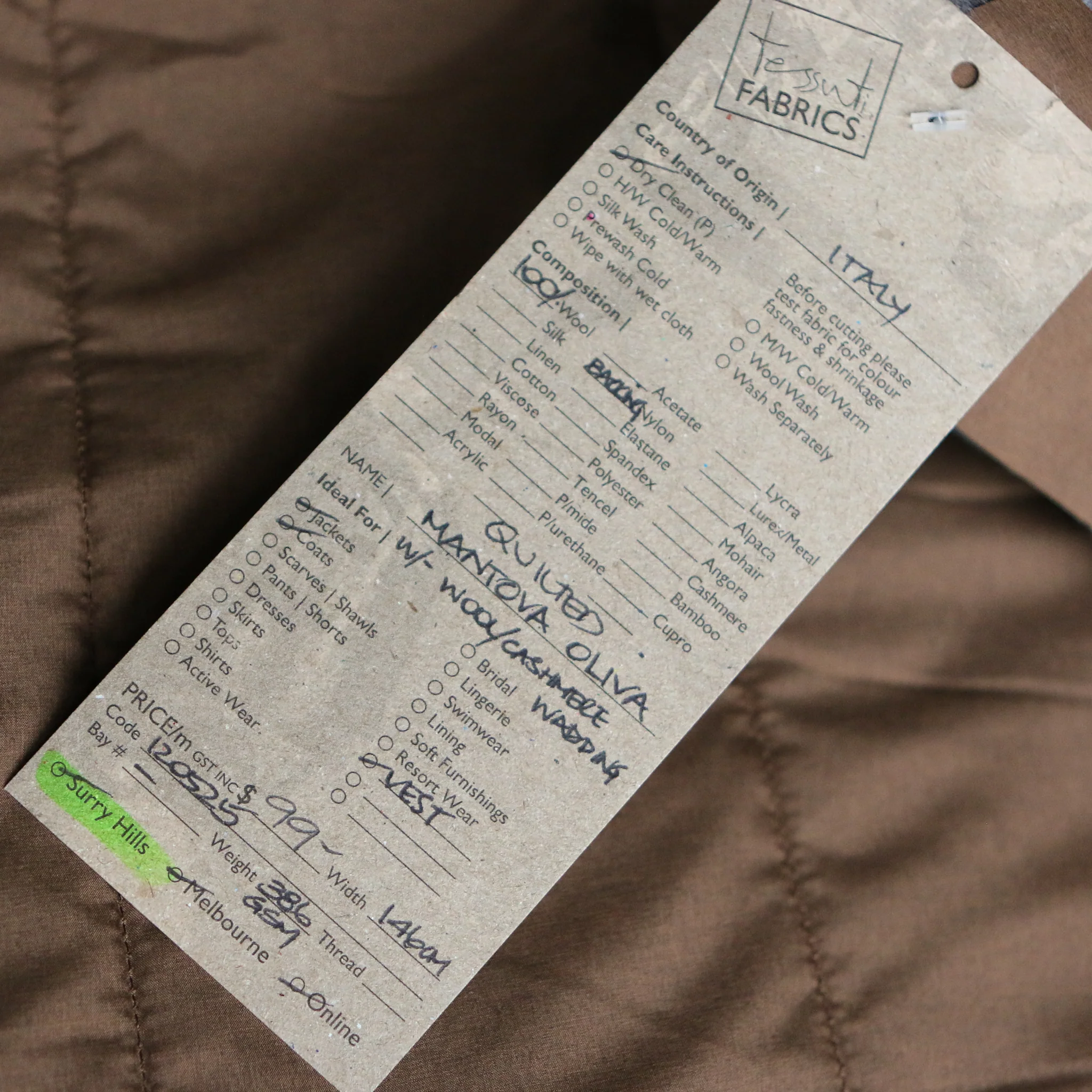 Quilted Mantova Oliva - Wool/Cashmere Wadding - Image 4