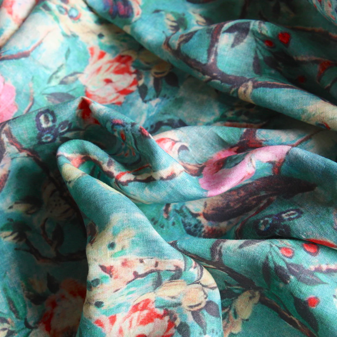 Vintage Peacock Washed Printed Linen - Image 2