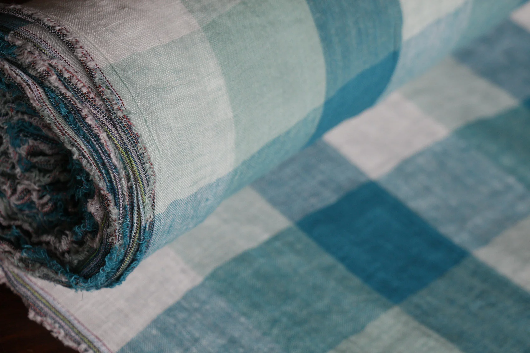 Washed Crinkle Aqua Check Linen - Image 3