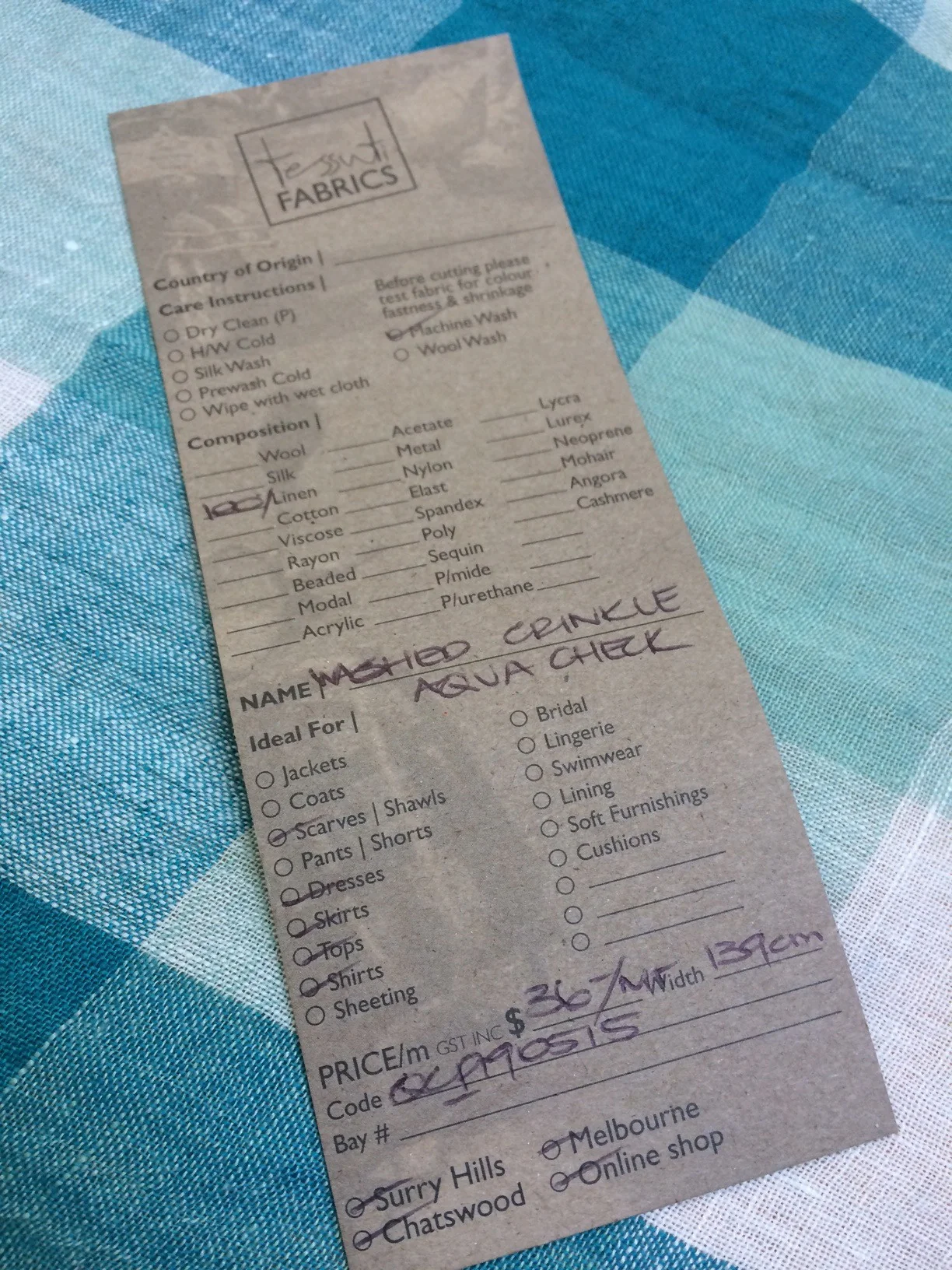Washed Crinkle Aqua Check Linen - Image 4